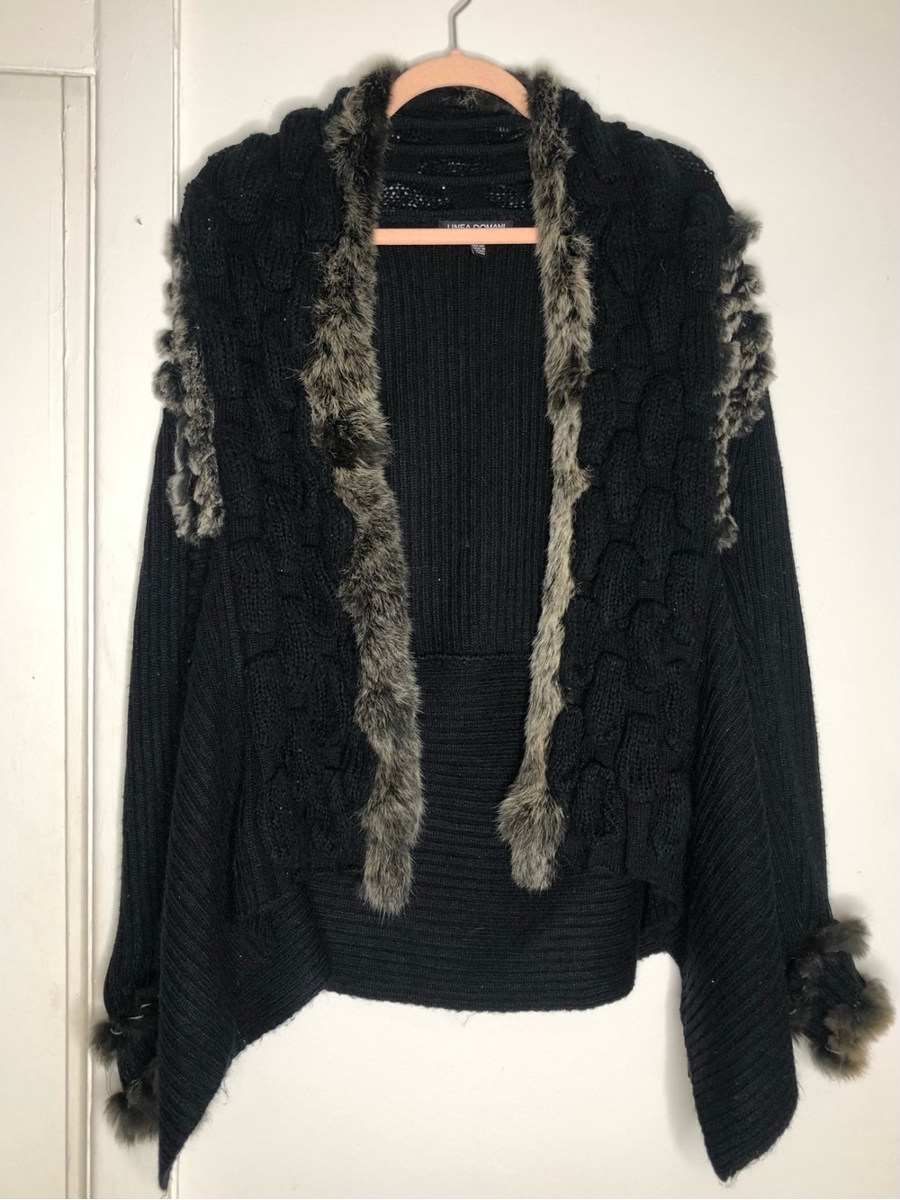 Black Fur Trim Cable Knit Women's Sweater